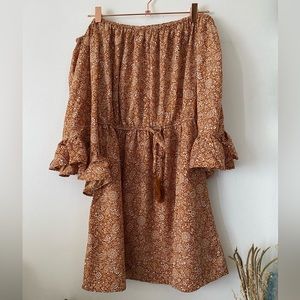 123.-Boho Prints Off Shoulders Terracotta Mini Dress